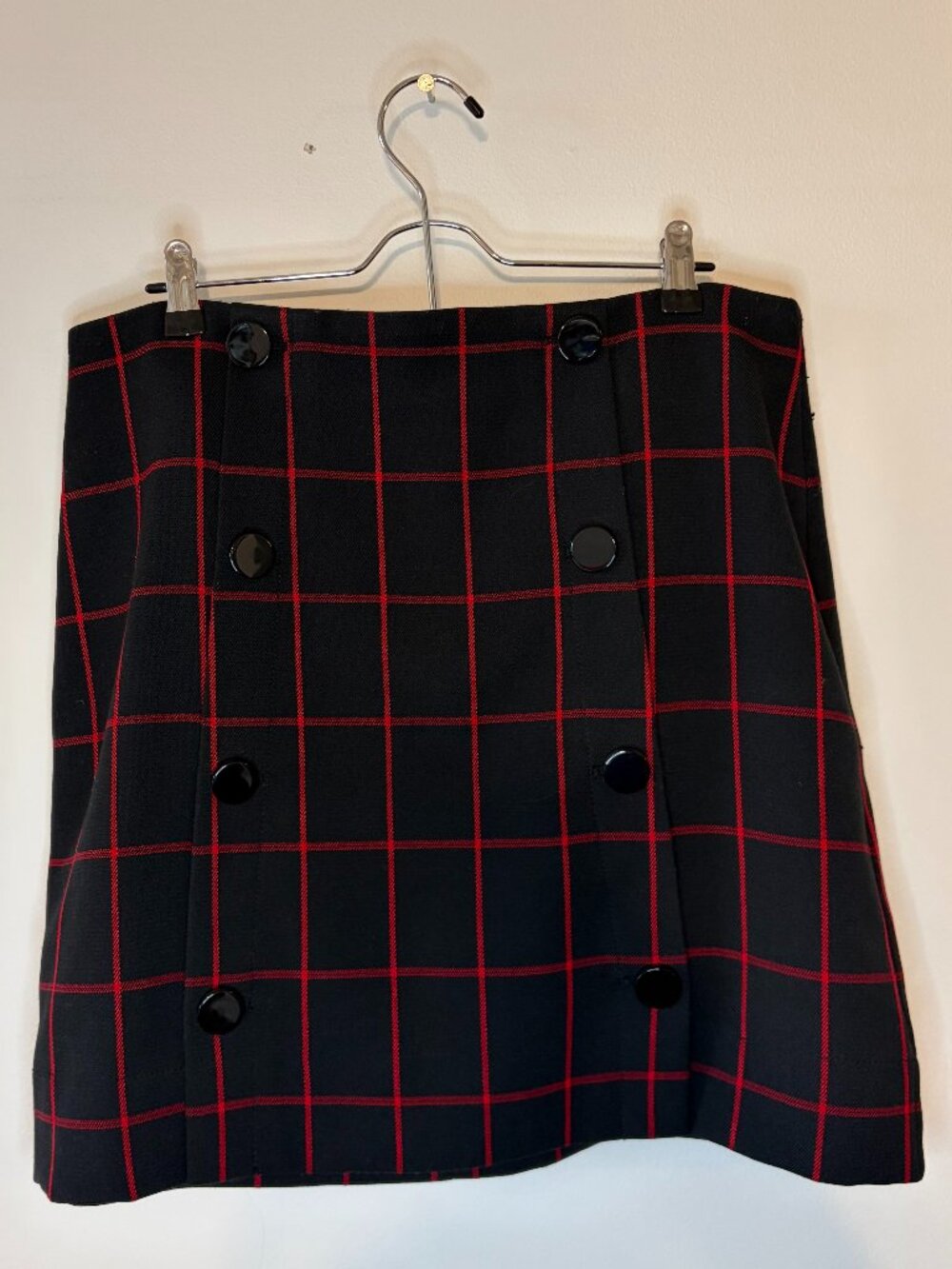 LOFT Black Red Windowpane Plaid Button Mini Skirt Size 12